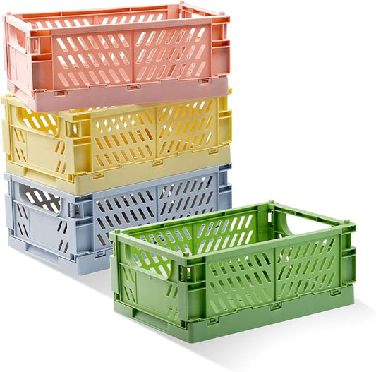 Xhwykzz 4 Pack Pastel Crates for Storage, Plastic Folding Basket, Colorful Small Storage Containers for Bedroom Office Classroom Bathroom Desktop Drawer Organizer Decor (9.8x6.5x3.8inch)