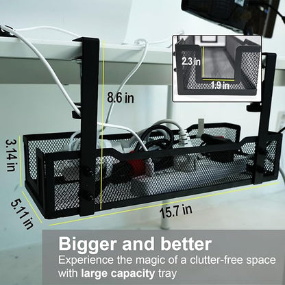 No Drill Under Desk Cable Management Tray with clamp-Premium Wire Tray Cord Organizer – Thin Steel Cable Tray Basket with Charger Holder for Desk–Black Cable Management Box–Easy to Install