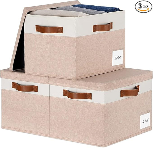 Extra Large Storage Bins with Lids, Foldable Fabric Storage Baskets with Lids, Sturdy Storage Boxes with Labels and 3 PU Handles for Closet Home Bedroom Office (32L, 3 Packs, Pink&White)