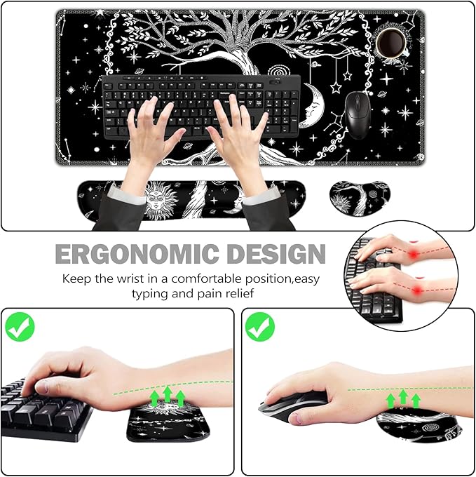 ToLuLu Extended Gaming Mouse Pad, Memory Foam Ergonomic Keyboard Mouse Wrist Rest Support Set, Large Desk Mat with Stitched Edges, Non-Slip Base Mousepad for Home Office Game and Study, Moon & Sun