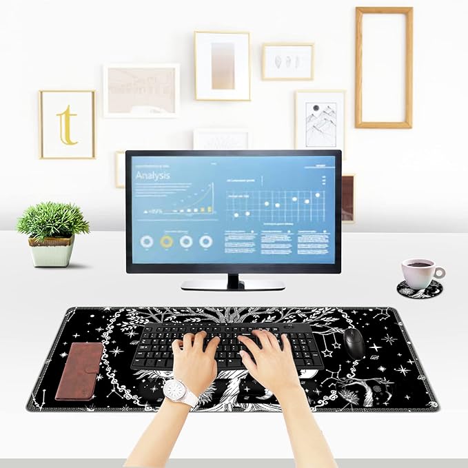 ToLuLu Extended Gaming Mouse Pad, Memory Foam Ergonomic Keyboard Mouse Wrist Rest Support Set, Large Desk Mat with Stitched Edges, Non-Slip Base Mousepad for Home Office Game and Study, Moon & Sun