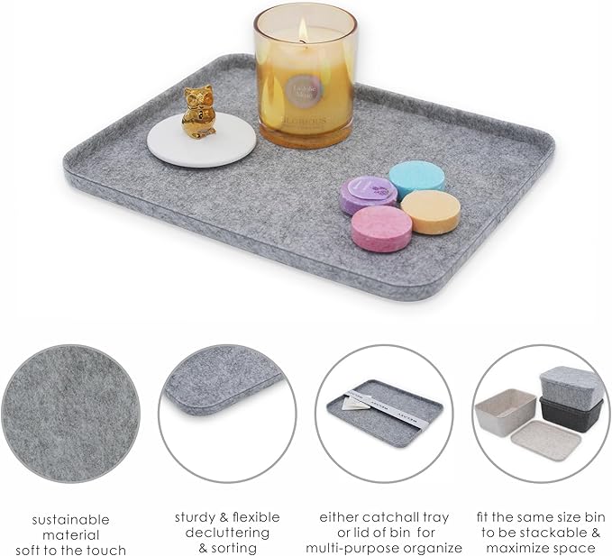 Welaxy Felt deep Storage Bins lidded Drawer Organizer Caddy for junk stuff stationery makeup jewelry closet bathroom minimalist lifestyle (Gray Lid, M)