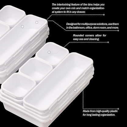 Set of 22 Interlocking Desk Drawer Organizer Tray Dividers Plastic Shallow Narrow Drawers Organizers Separators Storage Bins Container for Kitchen Bathroom Makeup Office Vanity Bedroom Dresser White