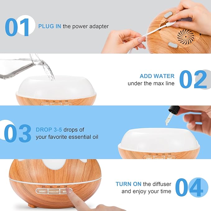 500ML Essential Oil Diffuser, Aromatherapy Diffuser with Remote Control, Multifunctional Air Diffusers for Home Office Room, Fragrance Aroma Diffuser with 7 Color LED & 2 Mist Mode, Light Brown