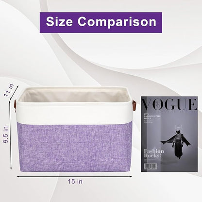 Storage Bins Large Fabric Storage Baskets for Shelves 3 Pack, Decorative Linen Closet Baskets with Handles for Organizing, Shelf, Clothes, Home, Office, 15x11x9.5Inches (Purple&White)