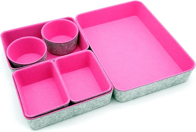 Welaxy Drawer organizers bins felt trays desk storage dividers small round organizing box for office supplies closet cabinet makeup holder 7-piece (Hot pink)