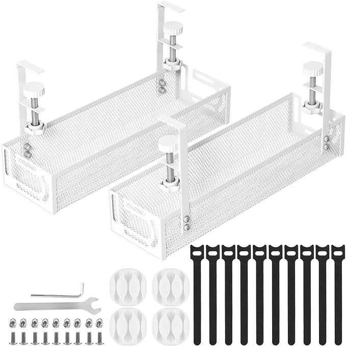 Cable Management, 2 Pack Cable Management Under Desk No Drill, Metal Cord Organizer with Clamp for Standing Desk, Cable Organizer for Home Office, White