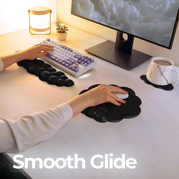 Premium Quality Cloud Wrist Rest Keyboard & Mouse Pad Set – Ergonomic Memory Foam Desk Accessories with Wrist Support for Office & Gaming – Black Lether