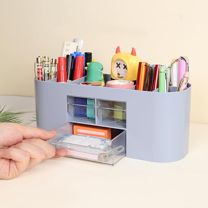 INSTOME Pencil Pen Holder for Desk with 3 Drawers - All-In-One Desk Organizer - Perfect Desk Accessories for Office Use - Stylish & Convenient Desk Organizers and Accessories (Blue)