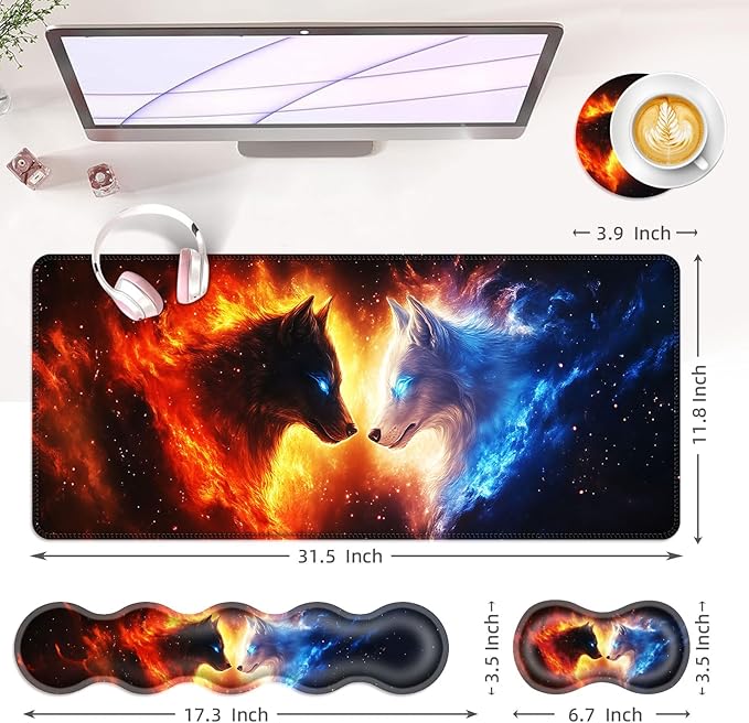 Large Keyboard Mouse Pad Set, Extended Mouse Pad+Keyboard Wrist Rest Support, Memory Foam Ergonomic Easy Typing, 4Pcs (31.5×11.8 in) Desk Pad Set for Office Home,Cool Wolves