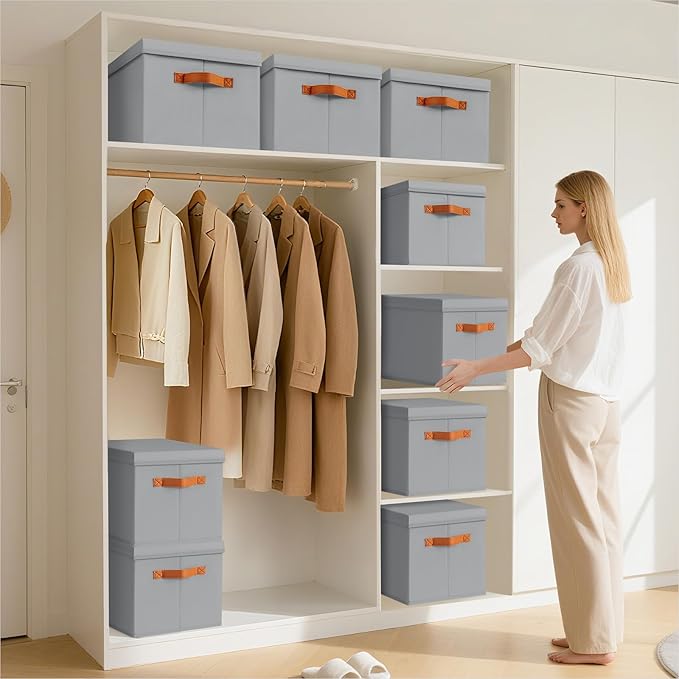 Storage Bins with Lids - Fabric Storage Baskets for Shelves, 4 Pack Foldable Decorative Boxes with Handles, Stackable Organizer Bins for Home, Nursery, Dorm, Grey