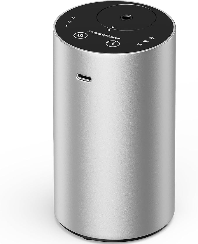Waterless Essential Oil Diffuser, Rechargeable Scent Diffusers with 3 Mist Levels & Timers, Portable Aromatherapy Diffuser for Home Car Room Studio Office, Silver Metal
