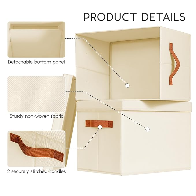 Storage Bins with Lids - Fabric Storage Baskets for Shelves, 6 Pack Foldable Decorative Boxes with Handles, Stackable Organizer Bins for Home, Nursery, Dorm, Beige