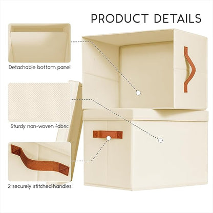Storage Bins with Lids - Fabric Storage Baskets for Shelves, 6 Pack Foldable Decorative Boxes with Handles, Stackable Organizer Bins for Home, Nursery, Dorm, Beige
