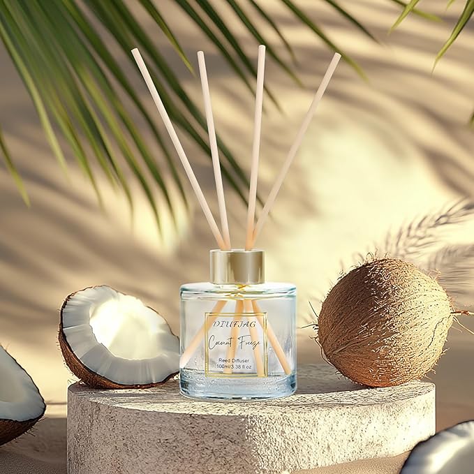 200ml Scent Diffuser with 6 Fiber Sticks, 6.76 oz Reed Diffuser Set Aromatherapy Fragrance Diffusers Air Fresheners for Home Bedroom Bathroom (Coconut Orange)
