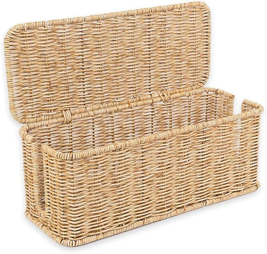 Cable Management Box, Handmade Rattan Cable Organizer with 2 Open Slots, Cord Hider for Power Strip, Router & USB Hub, Registered U.S. Design Patent (D1,112,102), 13" x 5.1" x 5.1", Natural