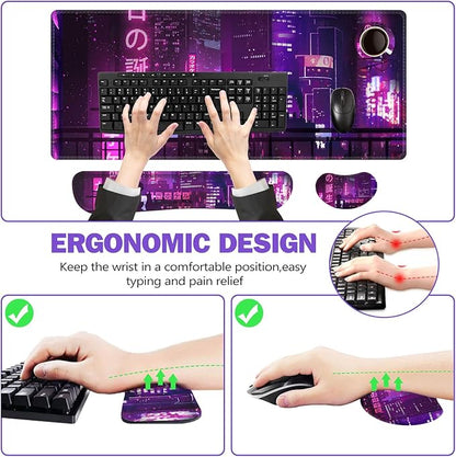 ToLuLu Extended Gaming Mouse Pad, Memory Foam Ergonomic Keyboard Mouse Wrist Rest Support Set, Large Desk Mat with Stitched Edges, Non-Slip Base Mousepad for Home Office, Neno City Anime Japanese