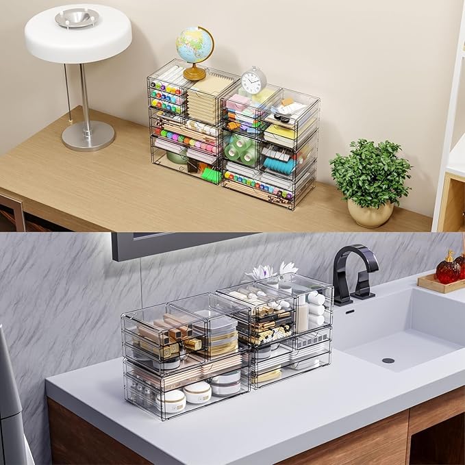 Yieach 3Pack Clear Drawer Organizers Stackable,Acrylic Storage Drawers With 10 Drawers,Multipurpose Office Supply Organizer and Makeup Organizer for Beauty,Craft,Pen,Medical,Stationary Desk Organizers