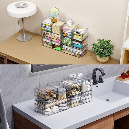 Yieach 3Pack Clear Drawer Organizers Stackable,Acrylic Storage Drawers With 10 Drawers,Multipurpose Office Supply Organizer and Makeup Organizer for Beauty,Craft,Pen,Medical,Stationary Desk Organizers