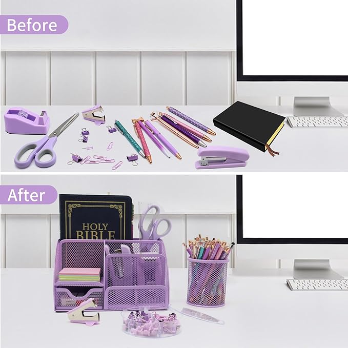 Purple Desk Organizers and Accessories,12pcs Office Desk Accessories Supplies,With Pen Holder, Tape Holder, Stapler, Scissors, Ruler, Staple Remover for Home & School, Office Supplies Gift for Women