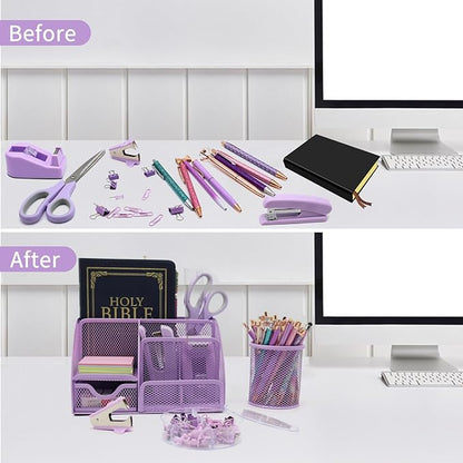 Purple Desk Organizers and Accessories,12pcs Office Desk Accessories Supplies,With Pen Holder, Tape Holder, Stapler, Scissors, Ruler, Staple Remover for Home & School, Office Supplies Gift for Women