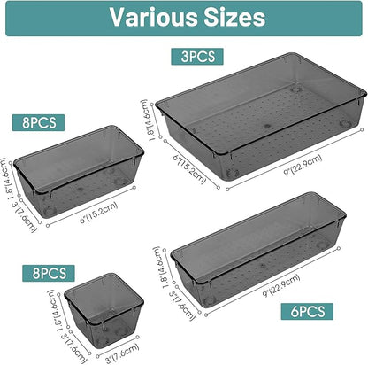 WOWBOX 25 PCS Plastic Drawer Organizer Set, Desk Drawer Divider Organizers and Storage Bins for Makeup, Jewelry, Gadgets for Kitchen, Bedroom, Bathroom, Office, Black