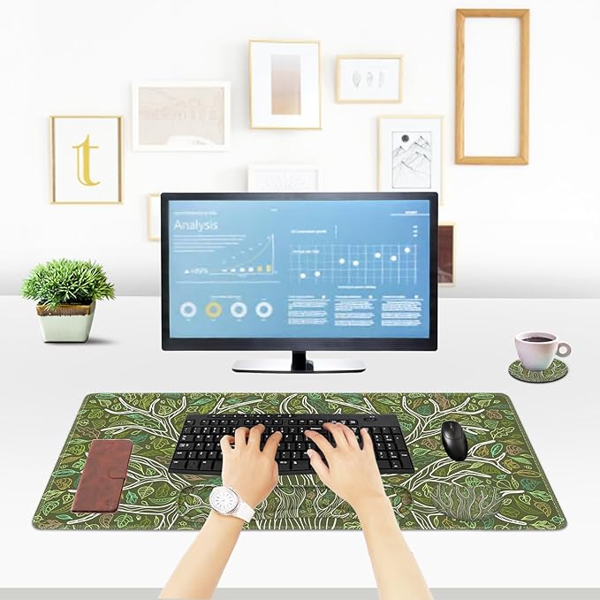 ToLuLu Desk Mat, Gaming Mouse Pad Wrist Support 4 in1 Set, XXL Large Mouse Pad + Keyboard Wrist Rest + Memory Foam Cushion Mouse Wrist Rest for Pain Relieve + Coaster Table Computer PC, Green Leaves