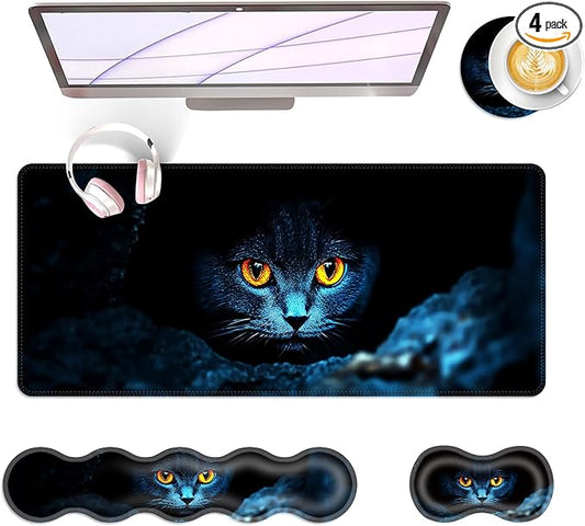 Large Keyboard Mouse Pad Set, Extended Mouse Pad+Keyboard Wrist Rest Support, Memory Foam Ergonomic Easy Typing, 4Pcs (31.5×11.8 in) Desk Pad Set for Office Home,Black Cat with Glowing Eyes