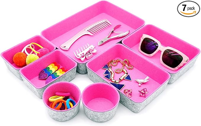 Welaxy Drawer organizers bins felt trays desk storage dividers small round organizing box for office supplies closet cabinet makeup holder 7-piece (Hot pink)