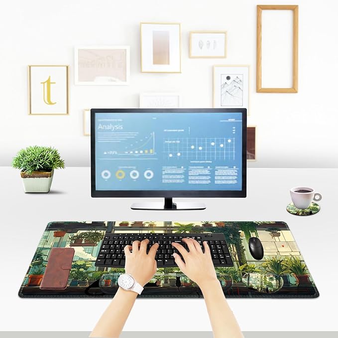 ToLuLu Extended Gaming Mouse Pad, Memory Foam Ergonomic Keyboard Mouse Wrist Rest Support Set, Large Desk Mat with Stitched Edges, Non-Slip Base Mousepad Home Office, Cute Green Japanese Kawaii Cat