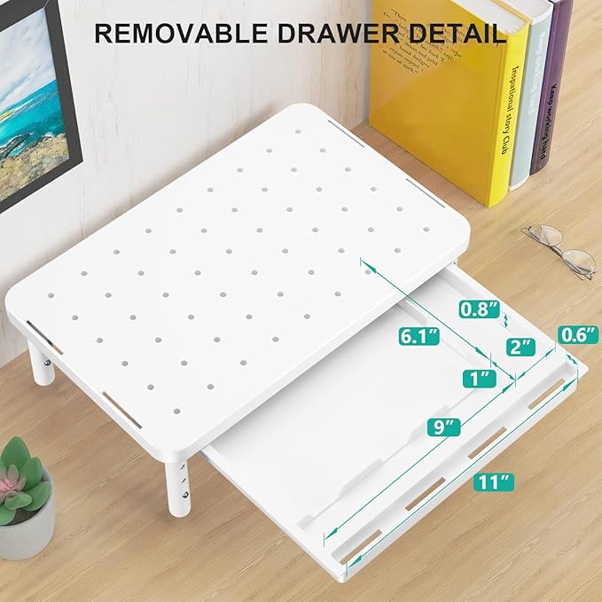 WALI Computer Monitor Stand with Storage, Desk Monitor Riser 3 Height Adjustable, Laptop Riser with Airflow Vents, Desk Organizer for Computer, Laptop, Printer (PTT002-W), 1 Pack, White