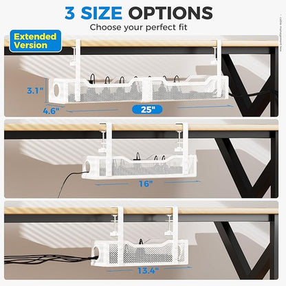 [Upgraded] Extra Large Under Desk Cable Management, Cinati 25" Wire Organizers No Drill, Cable Tray with Clamp for Wire Management, Cord Organization Box for Office, Home - No Damage to Desk(White)