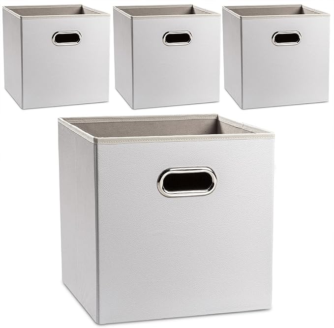 PRANDOM Leather Foldable Cube Storage Bins 13x13 inch [4-Pack] Fabric Storage Baskets Cubes Drawer with Cotton Handles Organizer for Shelves Nursery Closet Bedroom Clothes White