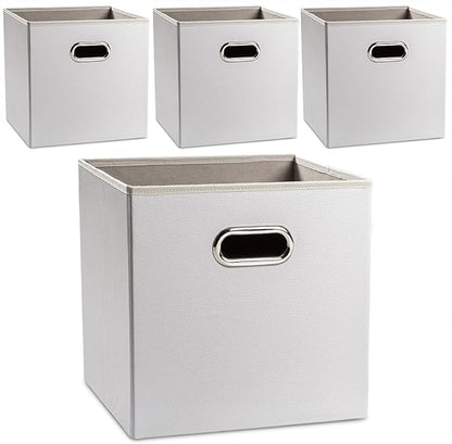 PRANDOM Leather Foldable Cube Storage Bins 13x13 inch [4-Pack] Fabric Storage Baskets Cubes Drawer with Cotton Handles Organizer for Shelves Nursery Closet Bedroom Clothes White