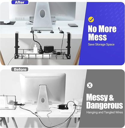 Under Desk Cable Management Tray 2 Pack, Xpatee Wire Management No Screws, Cable Tray with Clamp for Wire Management, Computer Code Rack for Office, Home - No Damage to Desk Black