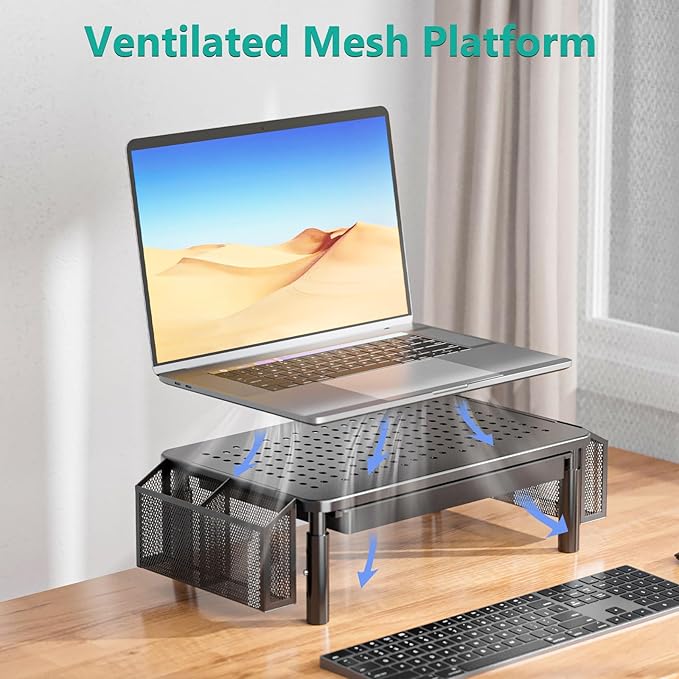 WALI Dual Monitor Stand with Storage, Desk Organizer with Drawer and Pen Holder, Desk Monitor Riser 3 Height Adjustable, Laptop Riser for Computer, Laptop, Printer (STT003DH-2B), 2 Pack, Black