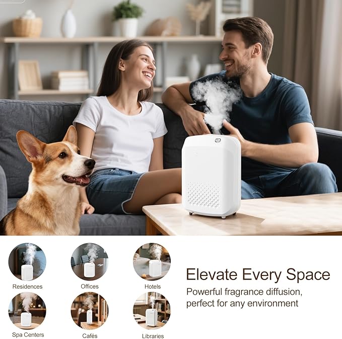 Waterless Essential Oil Diffuser, 2500 Sq Ft Coverage, Bluetooth App Control, No-Noise Wall Mounted Cold Air Scent Machine, 400ml Aromatherapy Diffuser for Home Hotel Office, Gift Idea, White