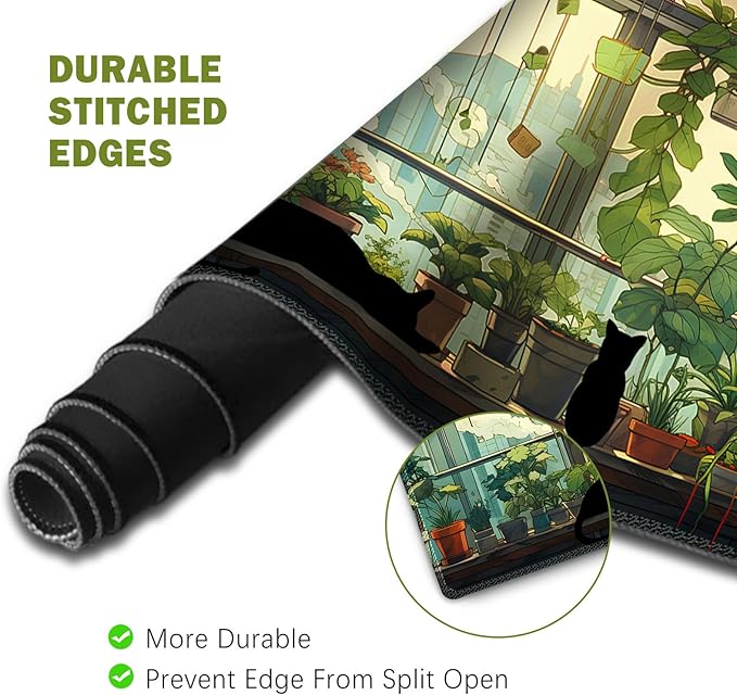 ToLuLu Extended Gaming Mouse Pad, Memory Foam Ergonomic Keyboard Mouse Wrist Rest Support Set, Large Desk Mat with Stitched Edges, Non-Slip Base Mousepad Home Office, Cute Green Japanese Kawaii Cat