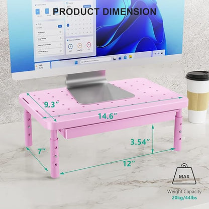 WALI Computer Monitor Stand with Storage, Desk Monitor Riser 3 Height Adjustable, Laptop Riser with Airflow Vents, Desk Organizer for Computer, Laptop, Printer (PTT002-P), 1 Pack, Pink