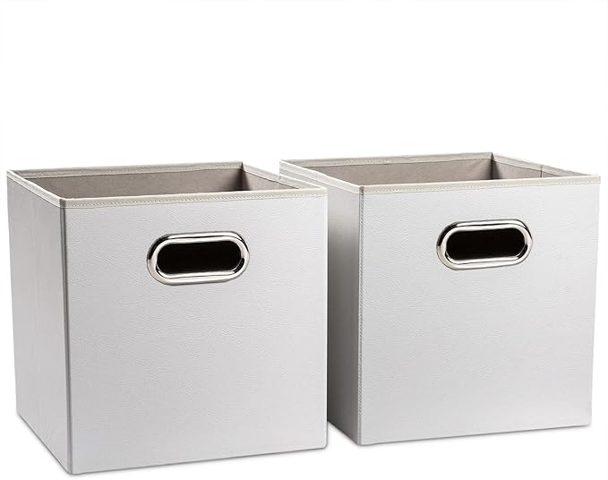 PRANDOM Leather Foldable Cube Storage Bins 11x11 inch [2-Pack] Fabric Storage Baskets Cubes Drawer with Cotton Handles Organizer for Shelves Nursery Closet Bedroom Clothes White