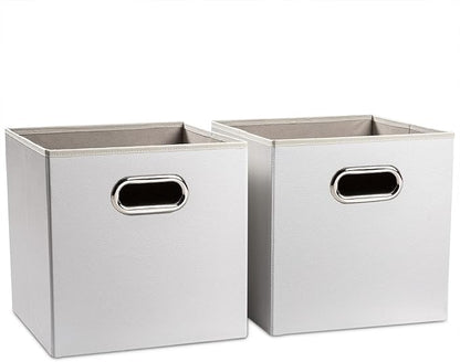 PRANDOM Leather Foldable Cube Storage Bins 11x11 inch [2-Pack] Fabric Storage Baskets Cubes Drawer with Cotton Handles Organizer for Shelves Nursery Closet Bedroom Clothes White