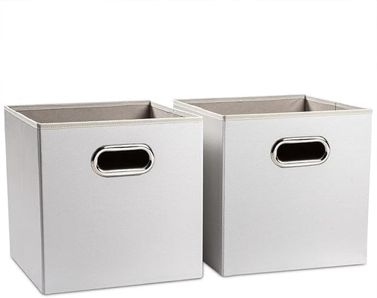 PRANDOM Leather Foldable Cube Storage Bins 11x11 inch [2-Pack] Fabric Storage Baskets Cubes Drawer with Cotton Handles Organizer for Shelves Nursery Closet Bedroom Clothes White