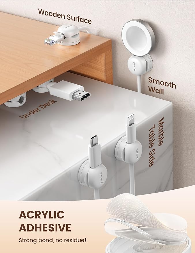 Lamicall 6Pack Rotatable Cord Organizer Cable Clips - [1s Lock] Spring Cord Holder, Desk Phone Charger Cable Management, Wire Keeper for Nightstand, Office Accessories & Christmas Home Organizers