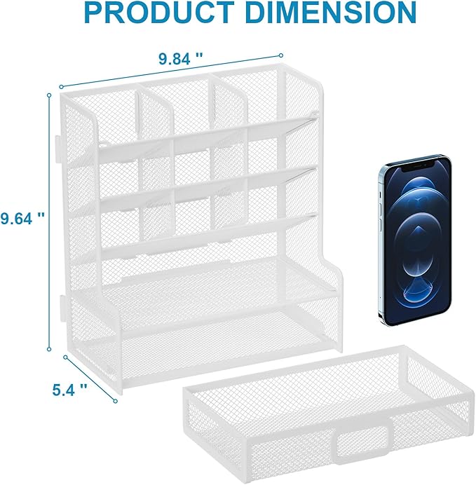 Marbrasse Larger Mesh Desk Organizer with Drawer, Multi-Functional Pen Pencil Holder, Easy Assembly, Desk Organizers and Accessories for Office Art Supplies (White)