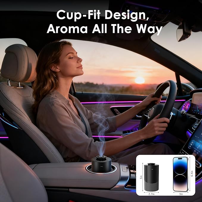 Waterless Essential Oil Diffuser for Home (Aluminum Alloy & Fabric) - Cordless Car Scent diffuser with 3 Timer & 3 Mist Levels - 2000mAh Battery Operated Scent Air Machine for Room Office Hotel, Black