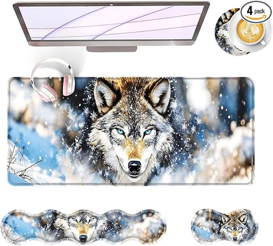 Large Keyboard Mouse Pad Set, Extended Mouse Pad+Keyboard Wrist Rest Support, Memory Foam Ergonomic Easy Typing, 4Pcs (31.5×11.8 in) Desk Pad Set for Office Home,Snowy Wolf