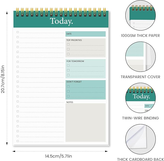 KMQOY To Do List Notepad - 4 Pack Daily Planner Pad Undated 52 Sheets Spiral Today Planner Note Pad Premium Thick Paper 6.5" x 9.8" For Work and Personal Organized-Green