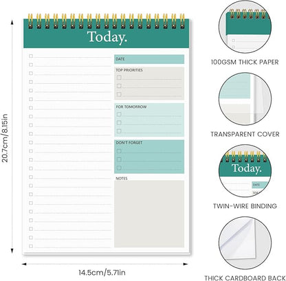 KMQOY To Do List Notepad - 4 Pack Daily Planner Pad Undated 52 Sheets Spiral Today Planner Note Pad Premium Thick Paper 6.5" x 9.8" For Work and Personal Organized-Green