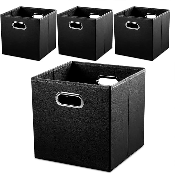 PRANDOM Leather Foldable Cube Storage Bins 13x13 inch [4-Pack] Fabric Storage Baskets Cubes Drawer with Cotton Handles Organizer for Shelves Nursery Closet Bedroom Clothes Black