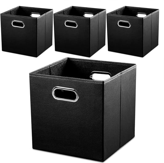 PRANDOM Leather Foldable Cube Storage Bins 13x13 inch [4-Pack] Fabric Storage Baskets Cubes Drawer with Cotton Handles Organizer for Shelves Nursery Closet Bedroom Clothes Black